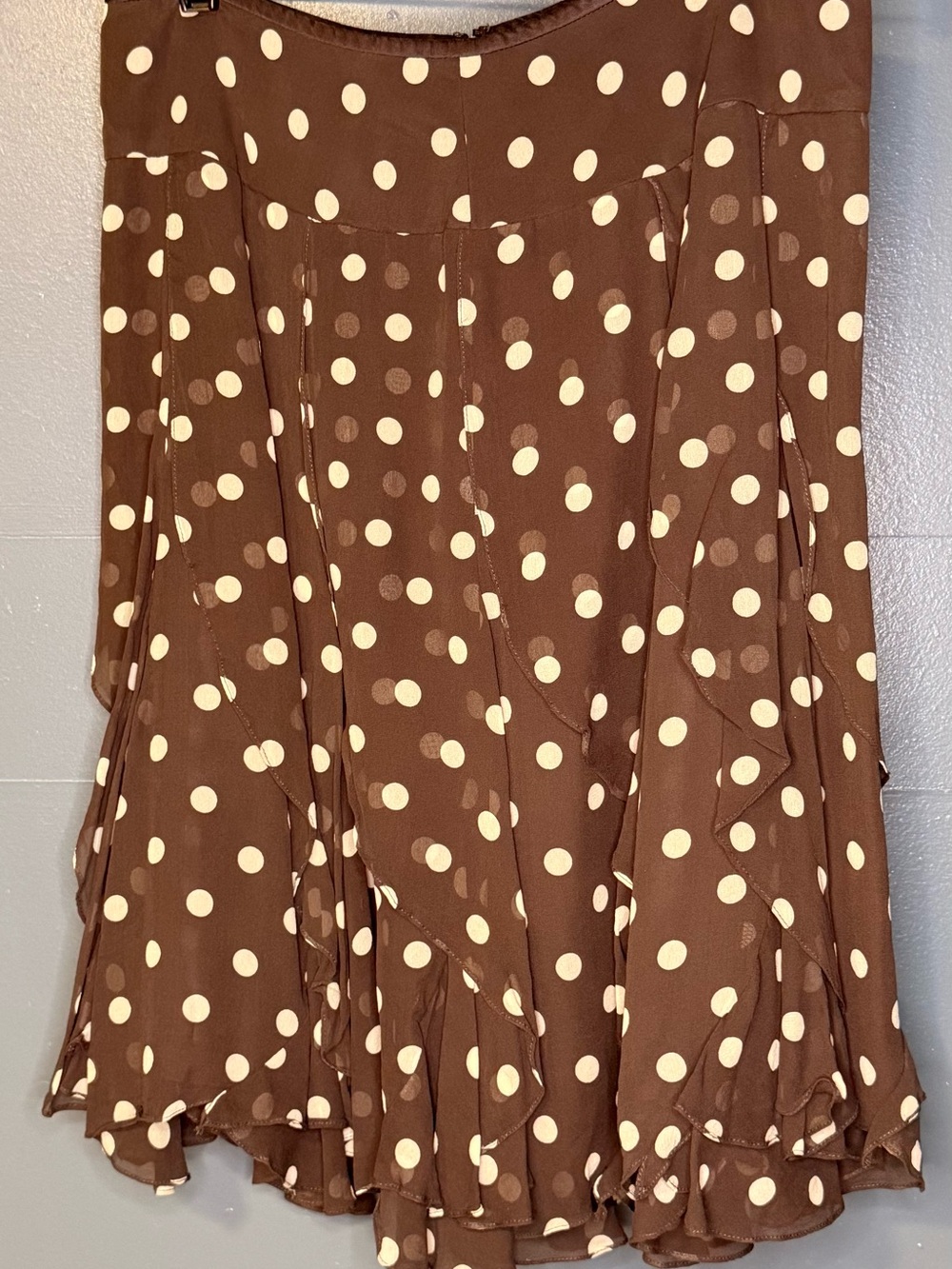 Vintage Carlisle Brown Skirt set with Cream Polka Dots and Ruffled Hem.